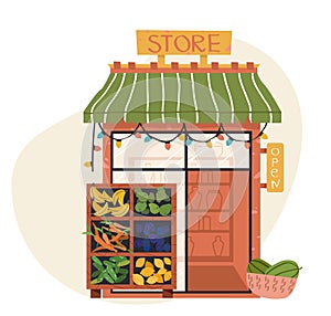 Shop or store facade, market vegetable and fruits. Flat vector icon representing small building with awnings and shelving