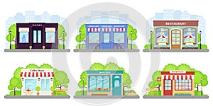 Shop, store front. Vector illustration. Storefront facades set photo