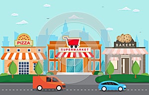 Shop Store Small Business Landscape in Town Urban with Tree Sky Illustration