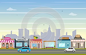 Shop Store Small Business Landscape in Town Urban with Tree Sky Illustration