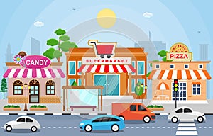 Shop Store Small Business Landscape in Town Urban with Tree Sky Illustration