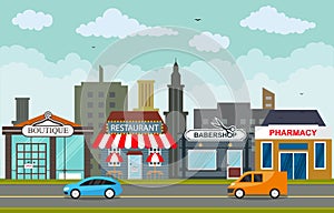 Shop Store Small Business Landscape in Town Urban with Tree Sky Illustration