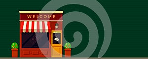 Shop, storefront facade background in retro style. Local business. Cafe, restaurants, bakery building. Illustration for