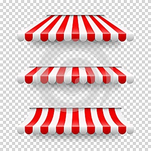 Shop sunshade. Realistic striped cafe awning. Outdoor market tent. Roof canopy. Summer street store. Vector illustration