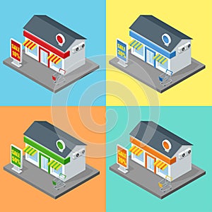Shop, supermarket exterior. Shops stores and supermarket buildings flat decorative icons set isolated vector 3d