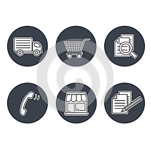 Shop symbols, navigation - stores, how to purchase, terms and conditions, contact, sign in and register, shipping, grey circular