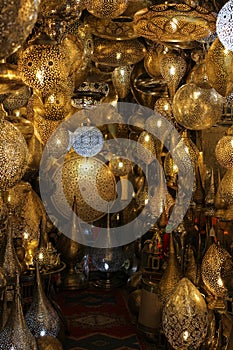 A shop with traditional Moroccan lamps in the Souk Central market in Marrakech.