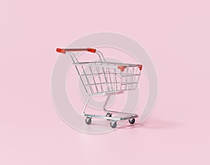 Shop Trolley or shopping cart on pink background concept for online shopping. 3D rendering illustration