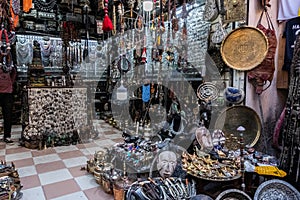 shop of typical and tribal objects in the Jemaa el-Fnaa square in Marrakesh