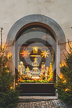 A shop window decorated for Christmas holidays