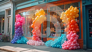 Shop window decorated with lots of colored balloons. Festive decoration of a street in typical European city. Holiday