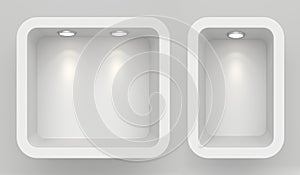 Shop window display, Empty storefront, showcase mock up 3D rendering