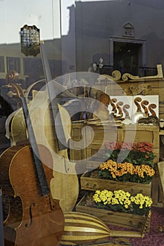 Shop window of a lutherie in Cremona, Italy