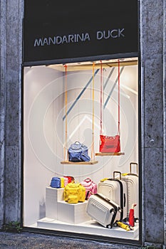 Shop window of Mandarina Duck bags store