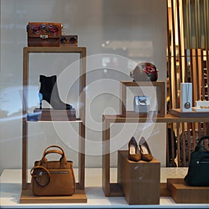 Shop window with shoes, bag and accessories