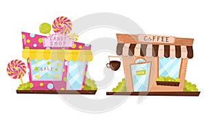 Shop Window or Store Front with Candy Shop and Coffee Sign Vector Set