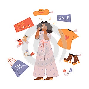 Shopaholic woman compulsively buying fast fashion items, flat vector isolated.