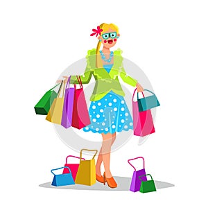 Shopaholism Problem Woman Walking With Bags Vector photo