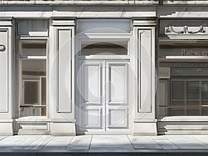 Shopfront with white blank and windows of a closed door. Old House Entrance with Wooden Door