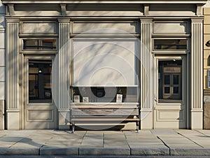 Shopfront with white blank and windows of a closed door. Old House Entrance with Wooden Door