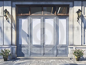 Shopfront with white blank and windows of a closed door. Old House Entrance with Wooden Door