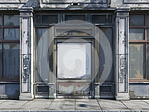 Shopfront with white blank and windows of a closed door. Old House Entrance with Wooden Door