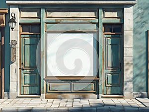 Shopfront with white blank and windows of a closed door. Old House Entrance with Wooden Door