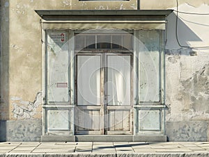 Shopfront with white blank and windows of a closed door. Old House Entrance with Wooden Door