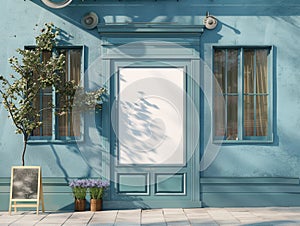 Shopfront with white blank and windows of a closed door. Old House Entrance with Wooden Door