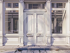 Shopfront with white blank and windows of a closed door. Old House Entrance with Wooden Door