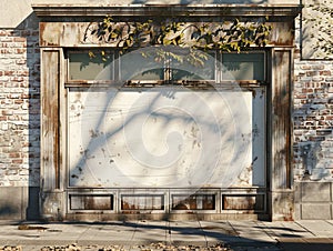 Shopfront with white blank and windows of a closed door. Old House Entrance with Wooden Door