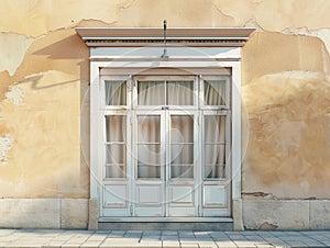 Shopfront with white blank and windows of a closed door. Old House Entrance with Wooden Door