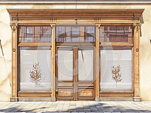 Shopfront with white blank and windows of a closed door. Old House Entrance with Wooden Door