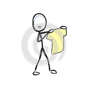 Shopoholic choosing clothes. Trying shirt. Washed clean t-shirt. Vector simple. Stickman no face clipart cartoon. Hand drawn.
