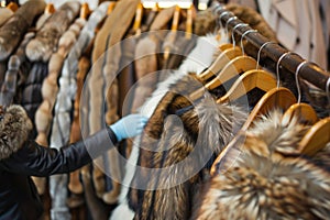 shopper with gloves examining a rack of fur coats