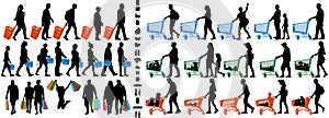 Shopper silhouette. People with shopping carts and grocery baskets. Vector silhouette set