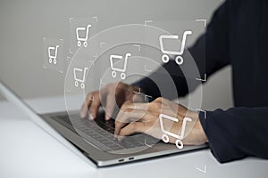 Shopper using laptop online shopping. And online payment option or digital wallet online transaction concept