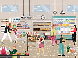 Shoppers in supermarket, grocery store, food shop, vector illustration. People buying fruit, fresh bread, diary products