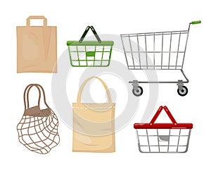 Shopping accessories set: mesh and textile ecobags, paper bag, basket and shopping cart, vector Illustration on white background