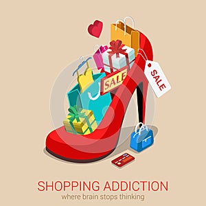 Shopping addiction sale madness flat 3d isometric web concept