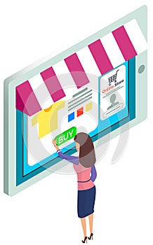 Shopping app with woman push buy button from online shop. Purchasing goods in store via Internet