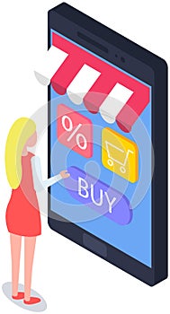 Shopping app with woman push buy button from online shop. Service for purchasing goods in store