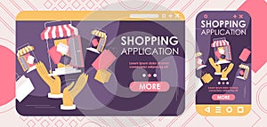 Shopping application crossplatform banner landing page template. Vector online shops and package bags for deals and sales for web