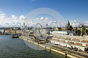 Shopping area and the Pier in the port of Helsinki. Finland.