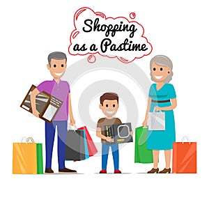 Shopping as Pastime for Your Family. Cartoon Family