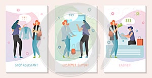 Shopping assistant concept, woman customer support, people in fashion store, vector illustration