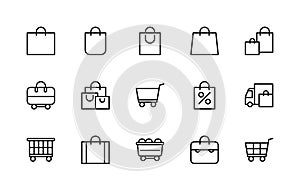 Shopping bag and basket vector linear icons set. Collection contains such icons as delivery, trade, cart, sales and more