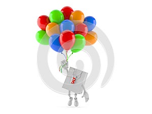 Shopping bag character flying with balloons