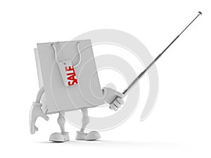 Shopping bag character holding pointer stick