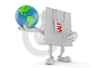 Shopping bag character holding world globe